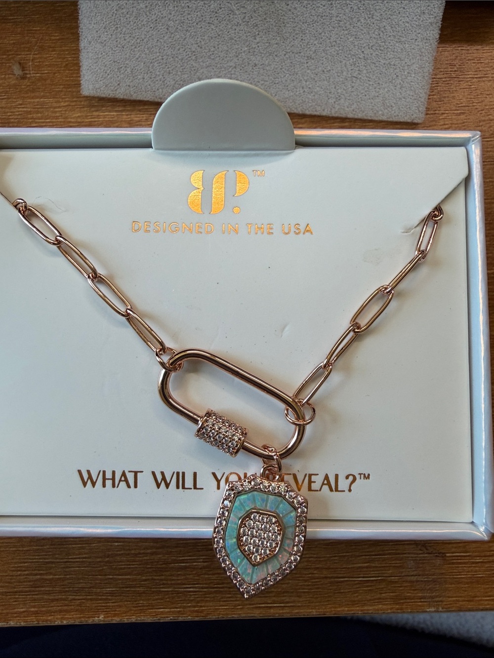 Rose Gold Turquoise Shield Pendant Link Necklace